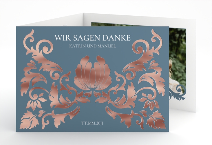 Danksagungskarte Royal A6 Doppel-Klappkarte blau rosegold mit barockem Blumen-Ornament
