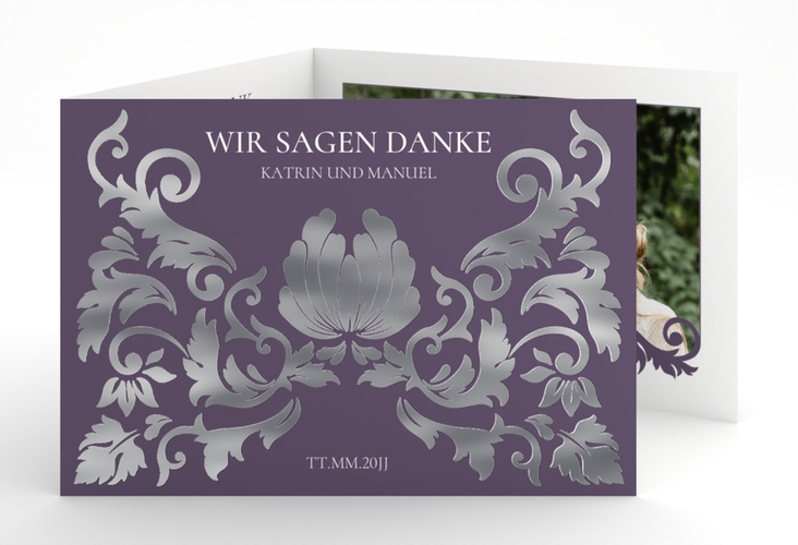 Danksagungskarte Royal A6 Doppel-Klappkarte lila silber mit barockem Blumen-Ornament