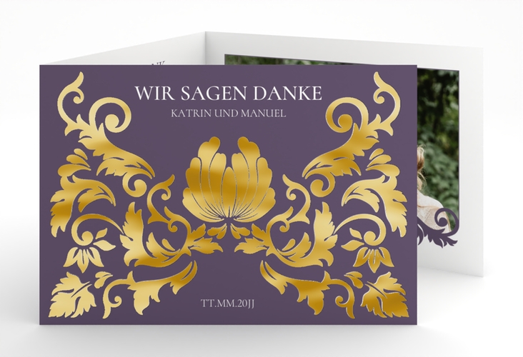 Danksagungskarte Royal A6 Doppel-Klappkarte lila gold mit barockem Blumen-Ornament