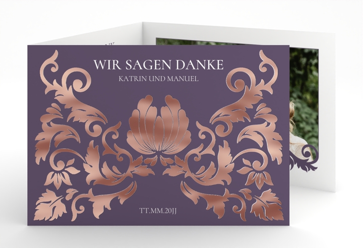 Danksagungskarte Royal A6 Doppel-Klappkarte lila rosegold mit barockem Blumen-Ornament