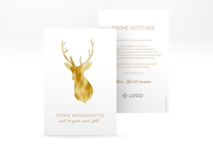 Geschäftliche Weihnachtskarte Deer A6 Karte hoch gold gold und weiß mit Hirsch