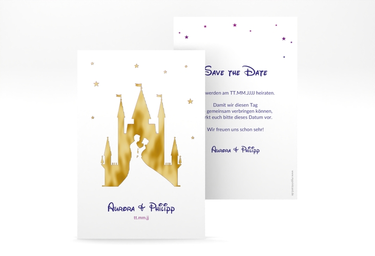 Save the Date-Karte Castle A6 Karte hoch lila gold