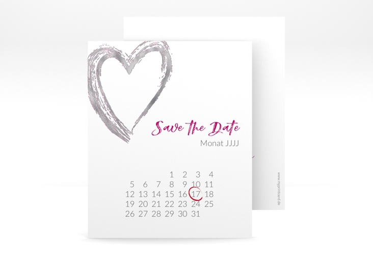 Save the Date-Kalenderblatt Liebe Kalenderblatt-Karte pink silber