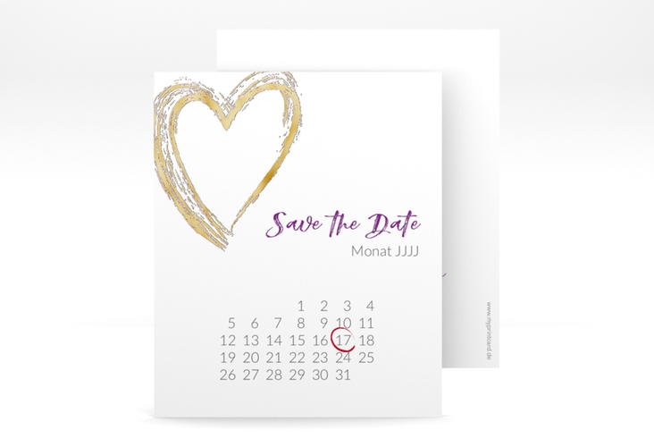 Save the Date-Kalenderblatt Liebe Kalenderblatt-Karte lila gold