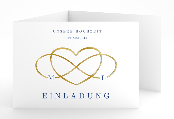 Hochzeitseinladung Infinity A6 Doppel-Klappkarte blau gold