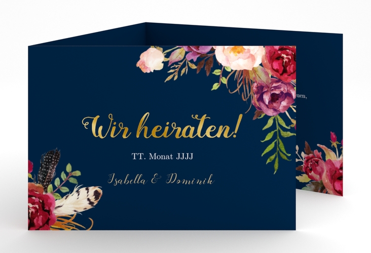 Hochzeitseinladung Flowers A6 Doppel-Klappkarte blau gold mit bunten Aquarell-Blumen