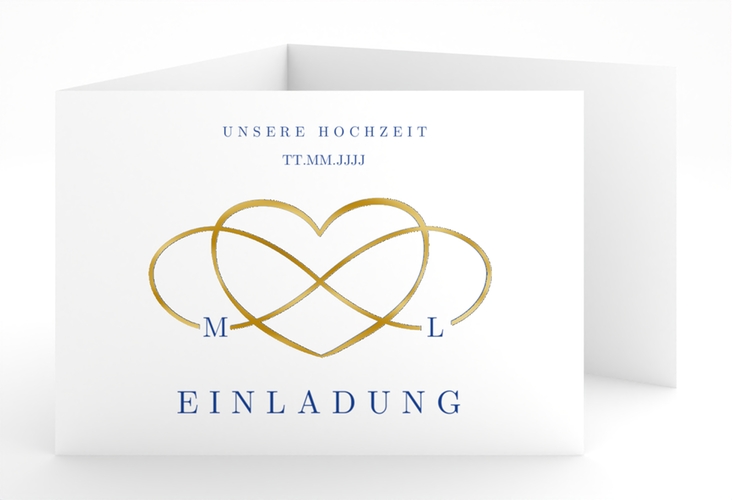 Hochzeitseinladung Infinity A6 Doppel-Klappkarte blau gold