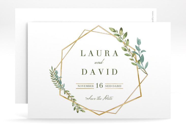 Save the Date-Karte Herbarium A6 Karte quer rosa gold mit geometrischem Rahmen und Blätter-Dekor
