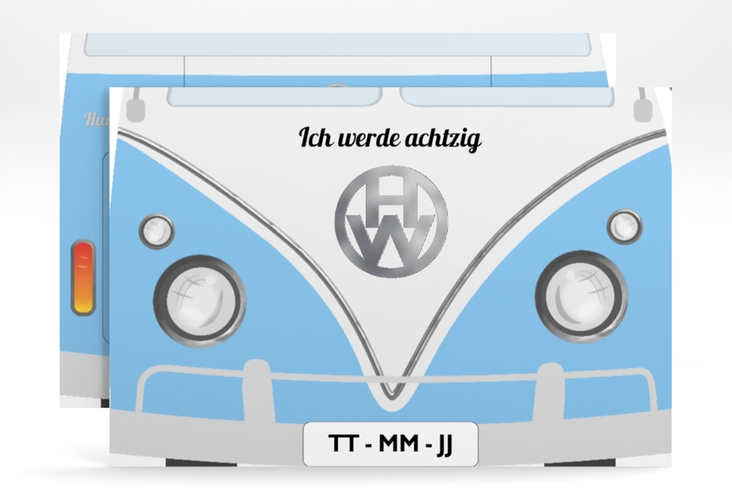 Einladung 80. Geburtstag Bulli Bus A6 Karte quer blau silber