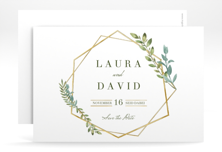 Save the Date-Karte Herbarium A6 Karte quer grau gold mit geometrischem Rahmen und Blätter-Dekor