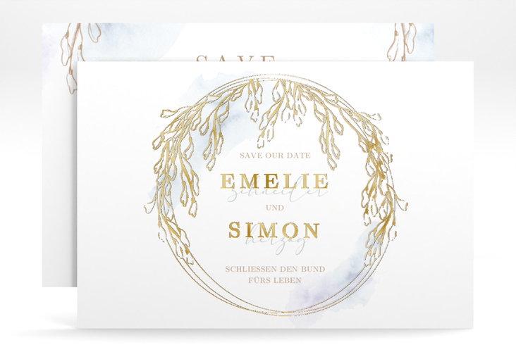 Save the Date-Karte Wisteria A6 Karte quer blau gold mit Blumenbogen aus Blauregen