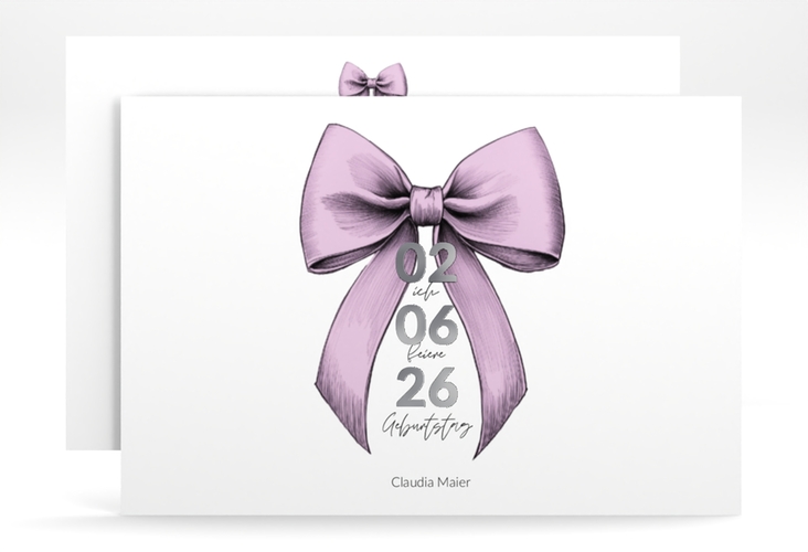 Einladung 60. Geburtstag Geburtstagsschleife A6 Karte quer rosa silber