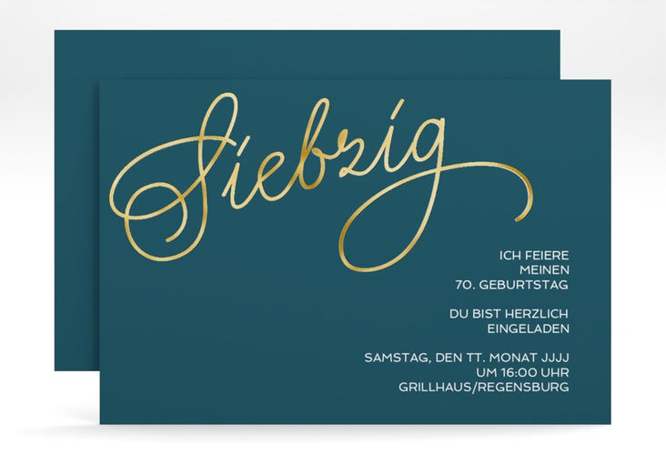 Einladung 70. Geburtstag Schwungvoll A6 Karte quer blau gold