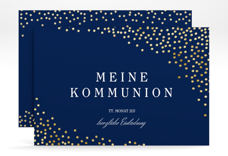 Einladung Kommunion Glanzvoll A6 Karte quer blau gold