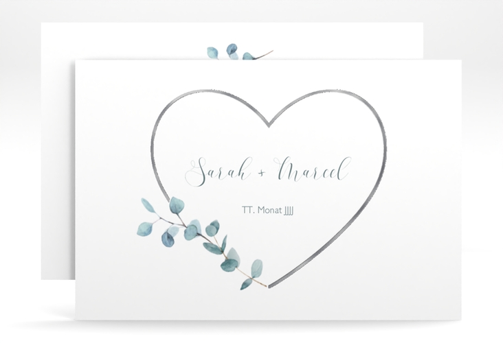 Save the Date-Karte Greenheart A6 Karte quer grau silber mit elegantem Herz und Eukalyptus-Zweig