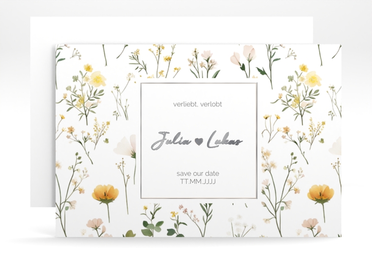 Save the Date-Karte Blumenwiese A6 Karte quer bunt silber