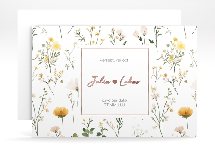 Save the Date-Karte Blumenwiese A6 Karte quer bunt rosegold