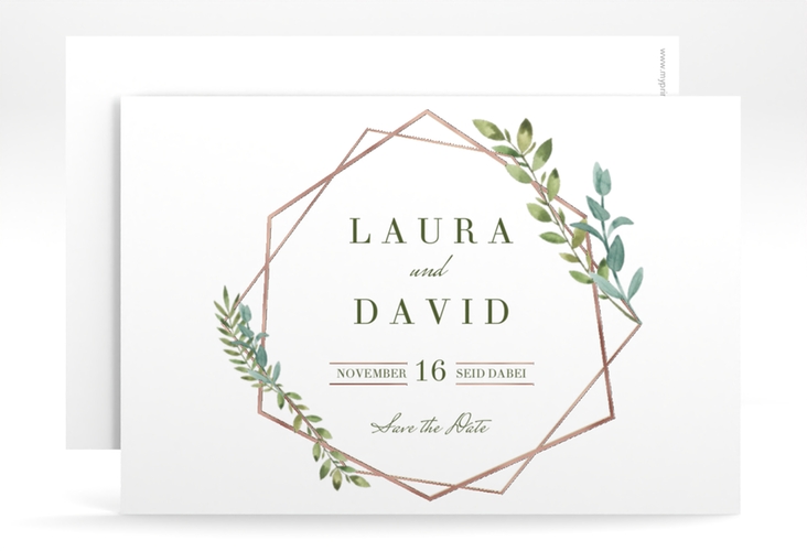 Save the Date-Karte Herbarium A6 Karte quer gold rosegold mit geometrischem Rahmen und Blätter-Dekor