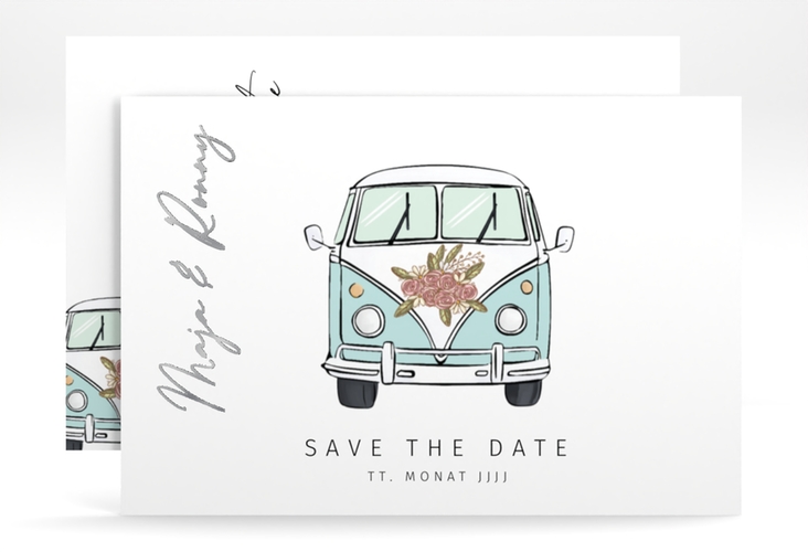 Save the Date-Karte Hochzeitsbulli A6 Karte quer blau silber