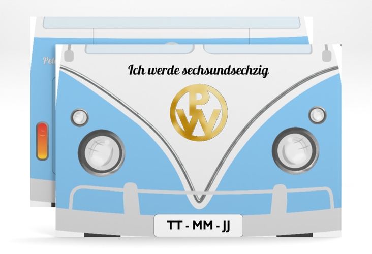 Einladung Geburtstag Bulli Bus A6 Karte quer blau gold
