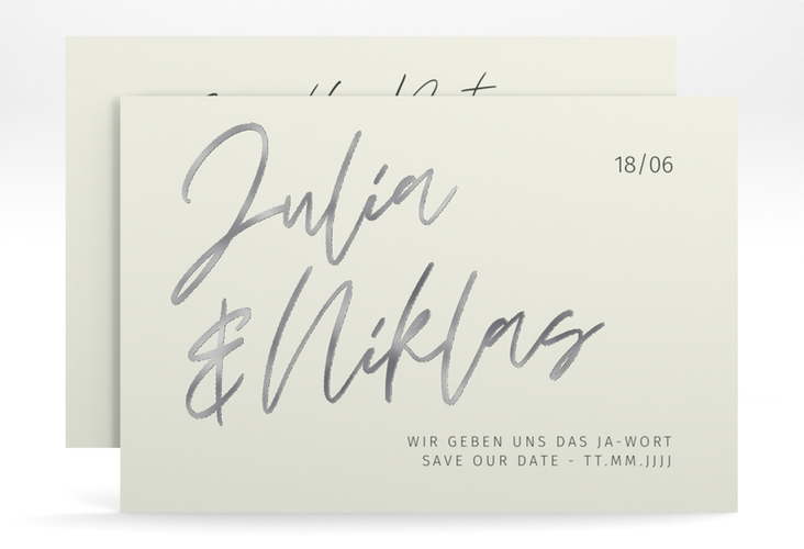 Save the Date-Karte Einfachheit A6 Karte quer mint silber mit modernem Schriftzug