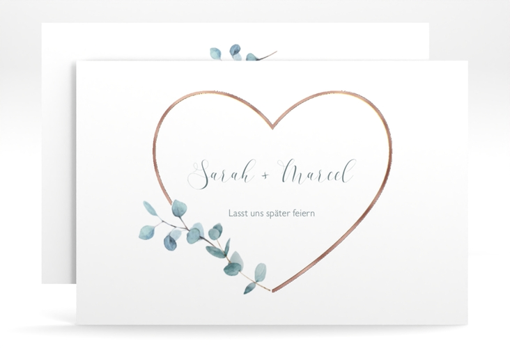 Change the Date-Karte Greenheart A6 Karte quer gold rosegold mit elegantem Herz und Eukalyptus-Zweig