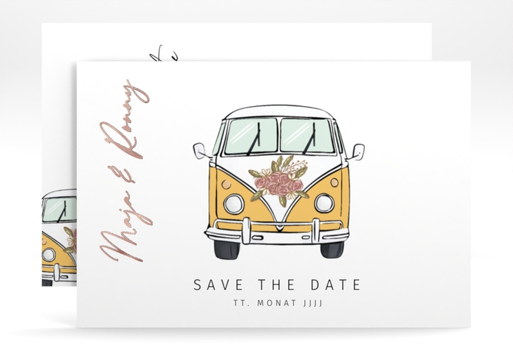 Save the Date-Karte Hochzeitsbulli A6 Karte quer gelb rosegold