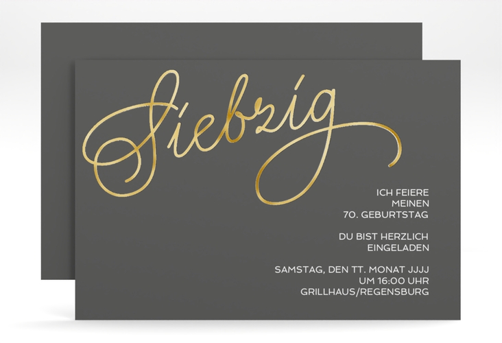 Einladung 70. Geburtstag Schwungvoll A6 Karte quer grau gold