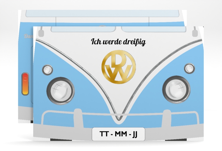 Einladung 30. Geburtstag Bulli Bus A6 Karte quer blau gold