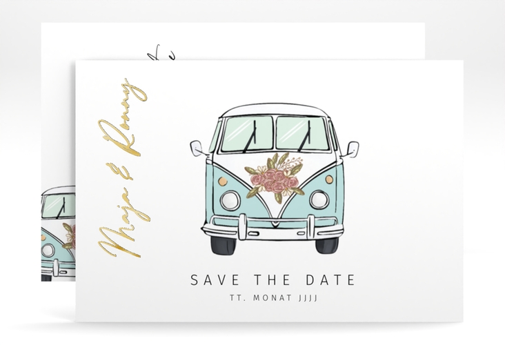 Save the Date-Karte Hochzeitsbulli A6 Karte quer blau gold