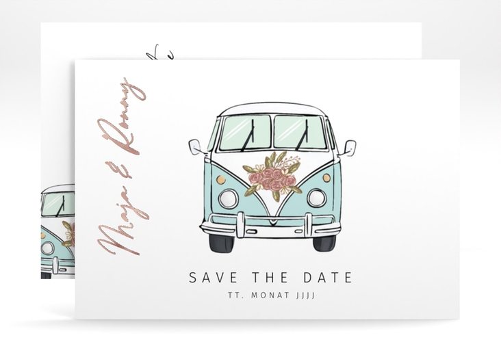 Save the Date-Karte Hochzeitsbulli A6 Karte quer blau rosegold