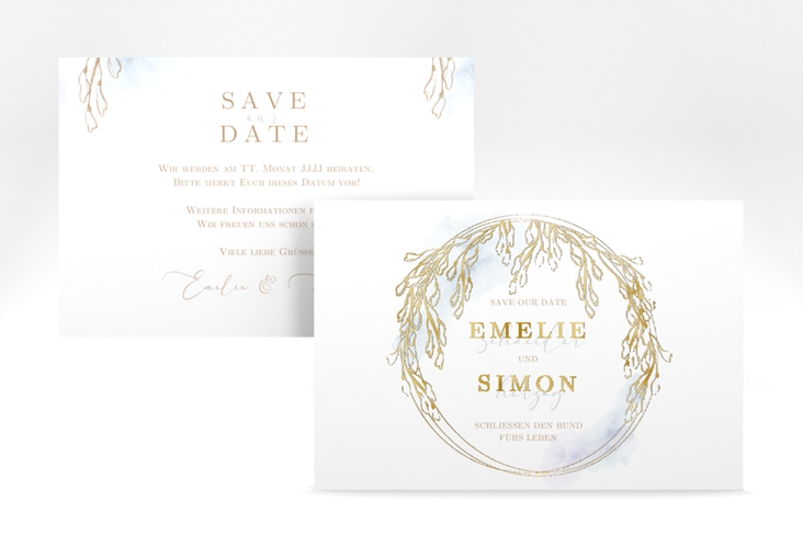Save the Date-Karte Wisteria A6 Karte quer blau gold mit Blumenbogen aus Blauregen