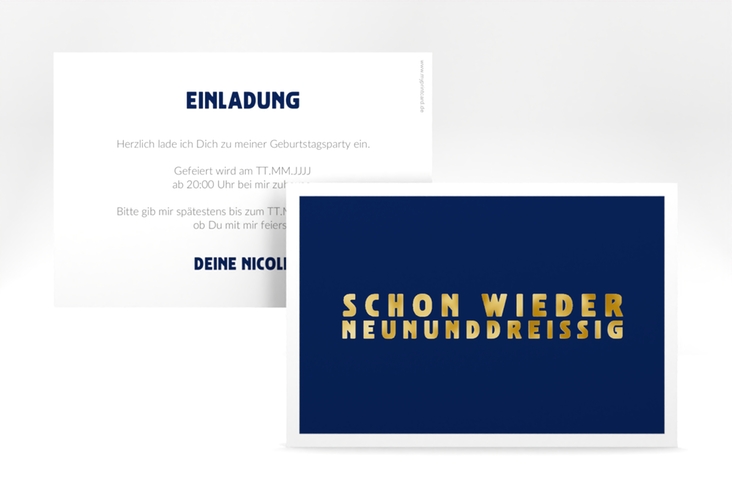 Einladung 40. Geburtstag Gag A6 Karte quer blau gold