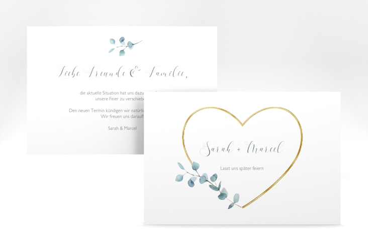 Change the Date-Karte Greenheart A6 Karte quer gold gold mit elegantem Herz und Eukalyptus-Zweig