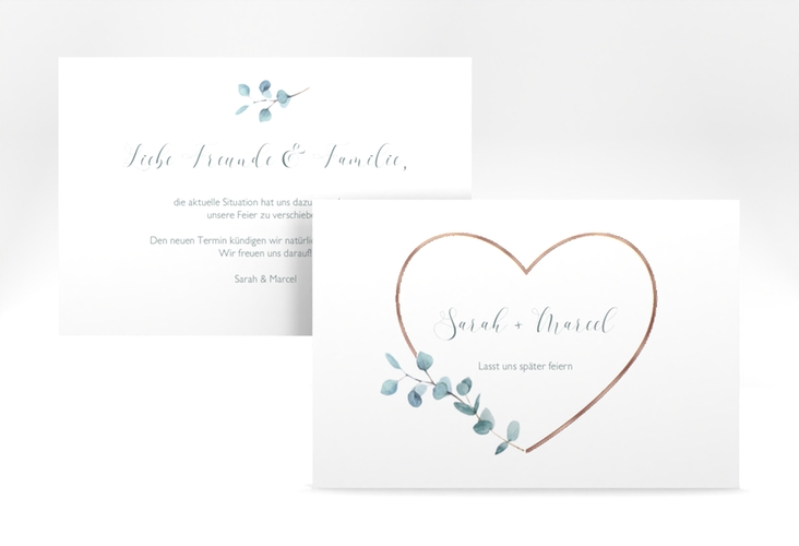 Change the Date-Karte Greenheart A6 Karte quer gold rosegold mit elegantem Herz und Eukalyptus-Zweig
