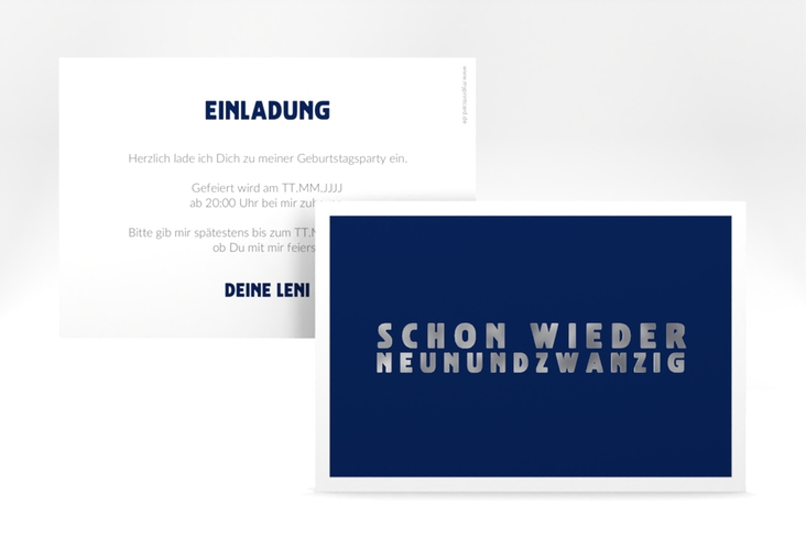 Einladung 30. Geburtstag Gag A6 Karte quer blau silber