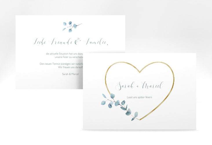Change the Date-Karte Greenheart A6 Karte quer grau gold mit elegantem Herz und Eukalyptus-Zweig
