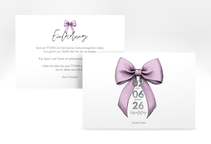 Einladung 60. Geburtstag Geburtstagsschleife A6 Karte quer rosa silber