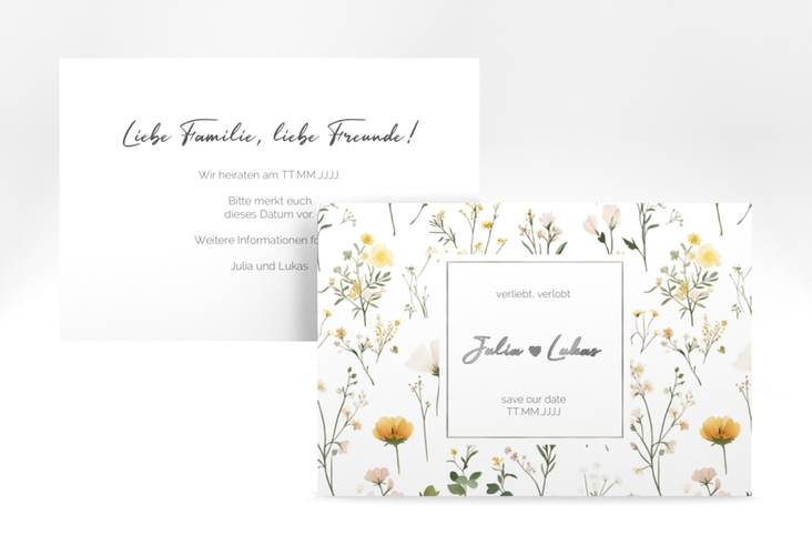 Save the Date-Karte Blumenwiese A6 Karte quer bunt silber