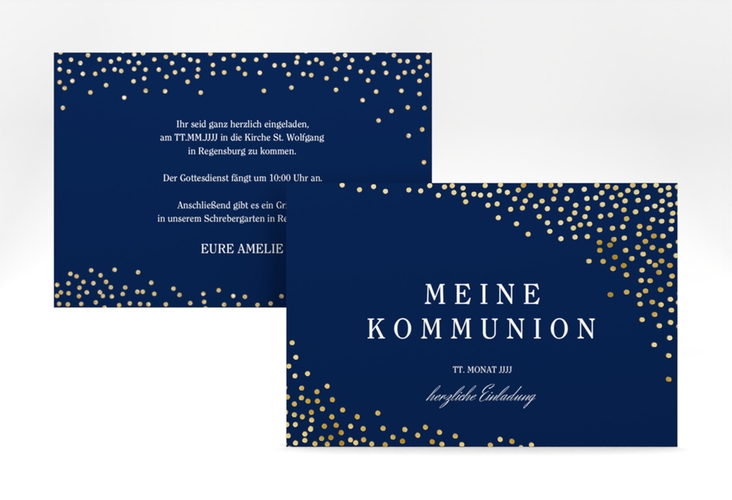 Einladung Kommunion Glanzvoll A6 Karte quer blau gold