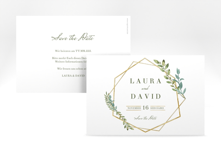 Save the Date-Karte Herbarium A6 Karte quer grau gold mit geometrischem Rahmen und Blätter-Dekor