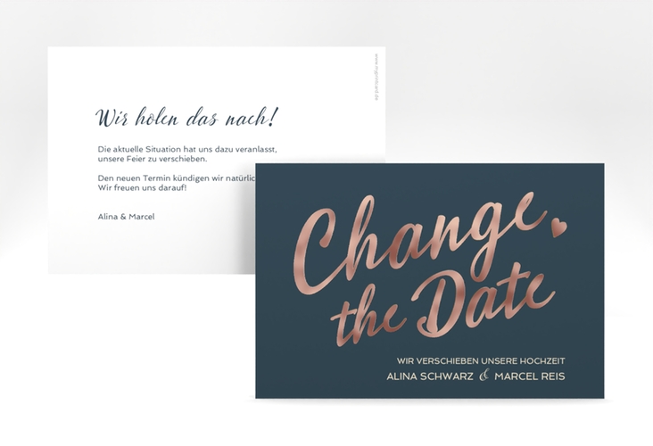 Change the Date-Karte Glam A6 Karte quer blau rosegold