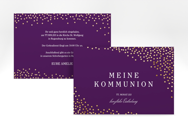 Einladung Kommunion Glanzvoll A6 Karte quer lila gold