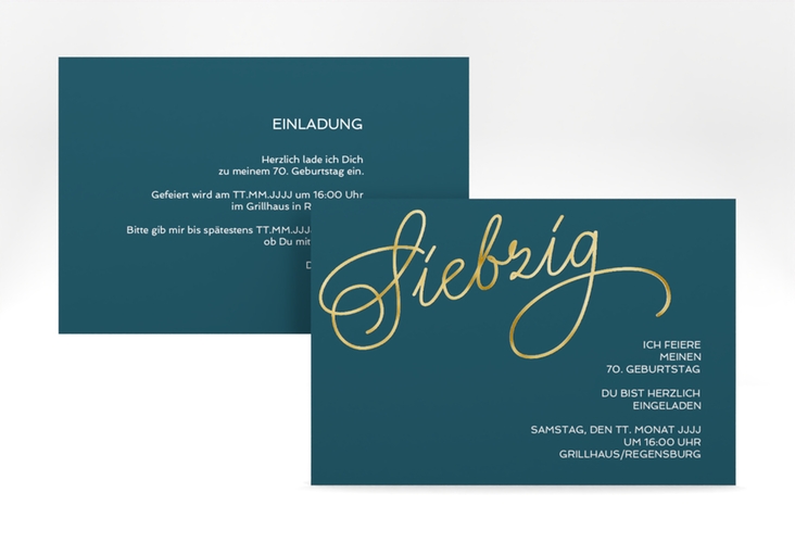 Einladung 70. Geburtstag Schwungvoll A6 Karte quer blau gold