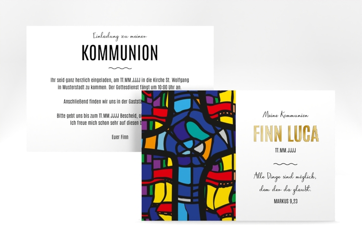 Kommunionseinladung Kirchenfenster A6 Karte quer bunt gold