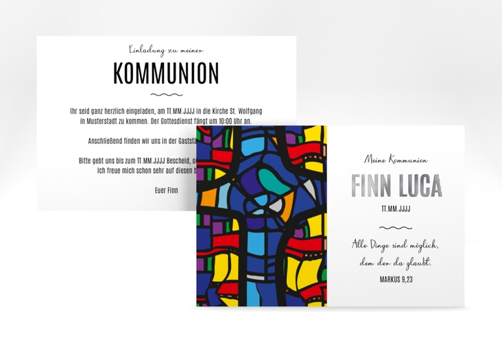 Kommunionseinladung Kirchenfenster A6 Karte quer bunt silber