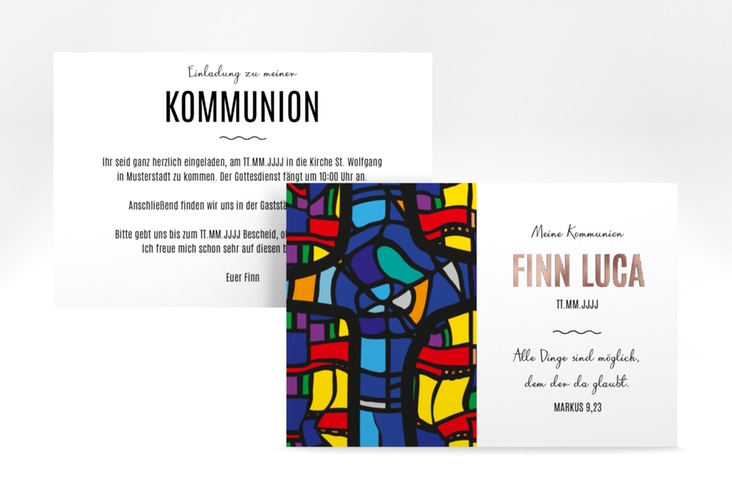Kommunionseinladung Kirchenfenster A6 Karte quer bunt rosegold