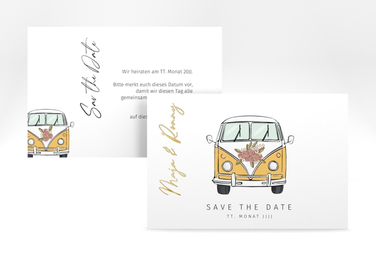 Save the Date-Karte Hochzeitsbulli A6 Karte quer gelb gold