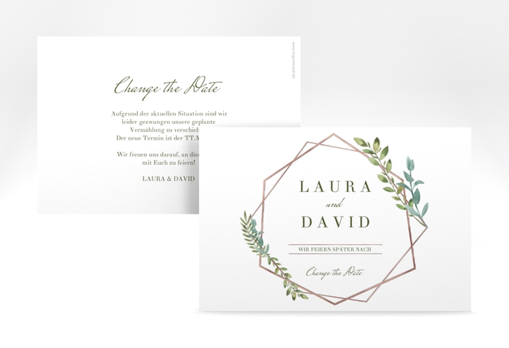 Change the Date-Karte Herbarium A6 Karte quer grau rosegold mit geometrischem Rahmen und Blätter-Dekor