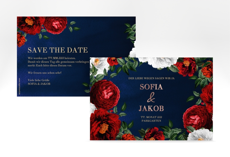 Save the Date-Karte Florista A6 Karte quer blau rosegold